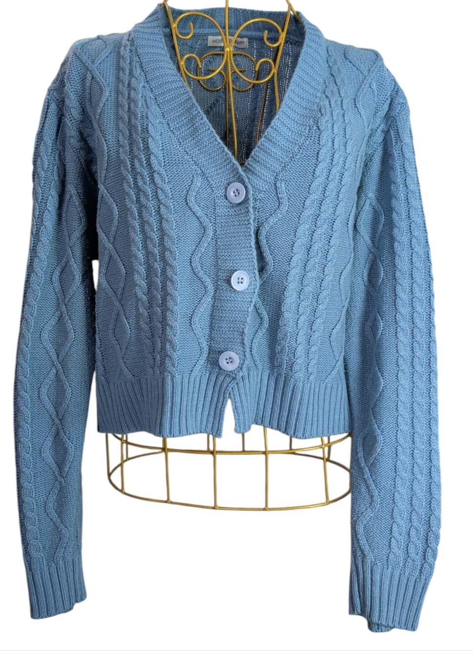 Vintage Woven Heart Blue Cable Knit Button-Front Cardigan - Large